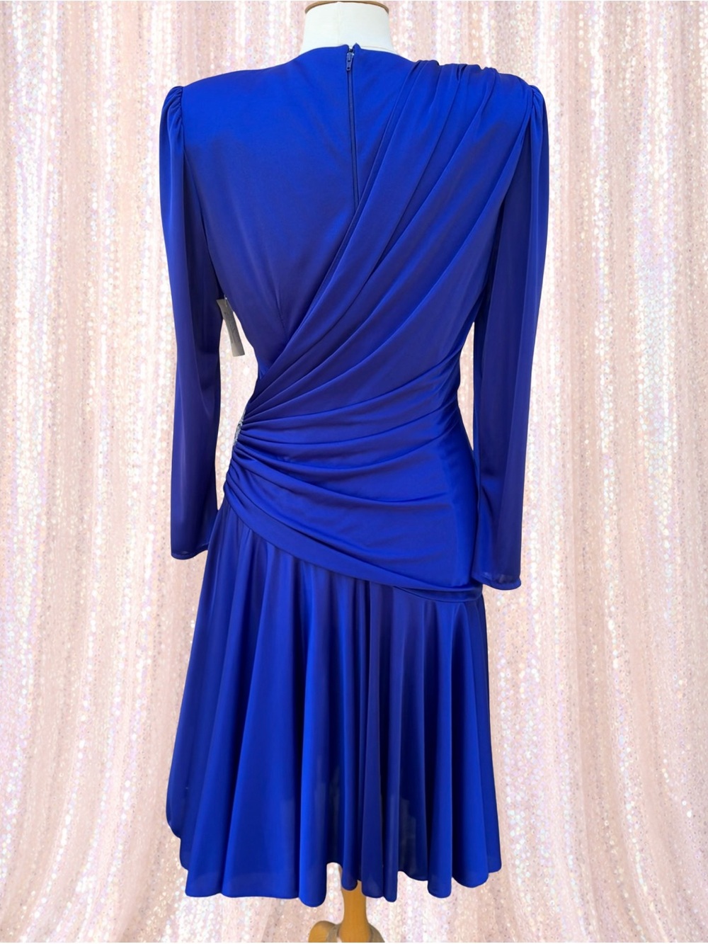 Vintage Capricorn Cobalt Blue Beaded Draped Midi Dress Sz 12 USA - Picture 5 of 16